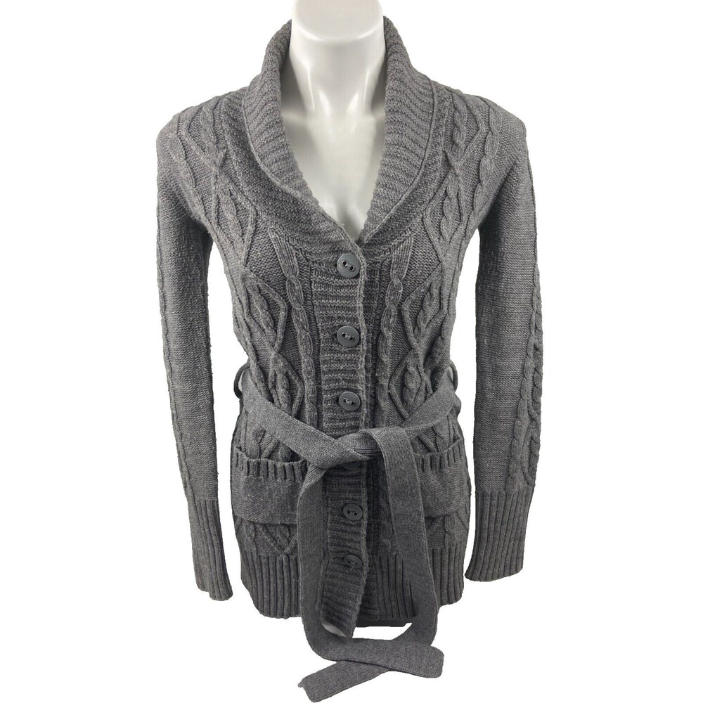 CDC Women Small Gray Cableknit Sweater Button Front Tie Mid Length